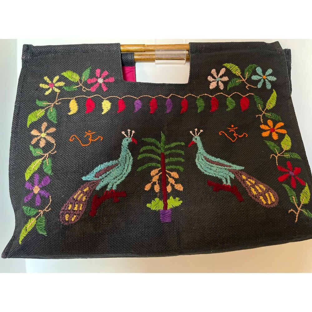 Graham Kandiah New York Embroidered Peacock Floral Colorful Tote Bag Vintage